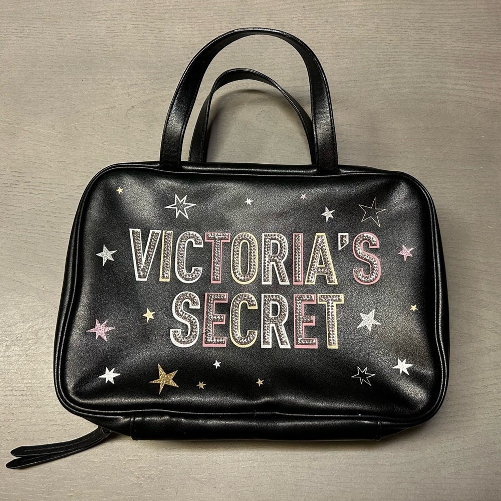 Victoria's Secret Black Graffiti Jetsetter Travel Case Hanging Zip Around